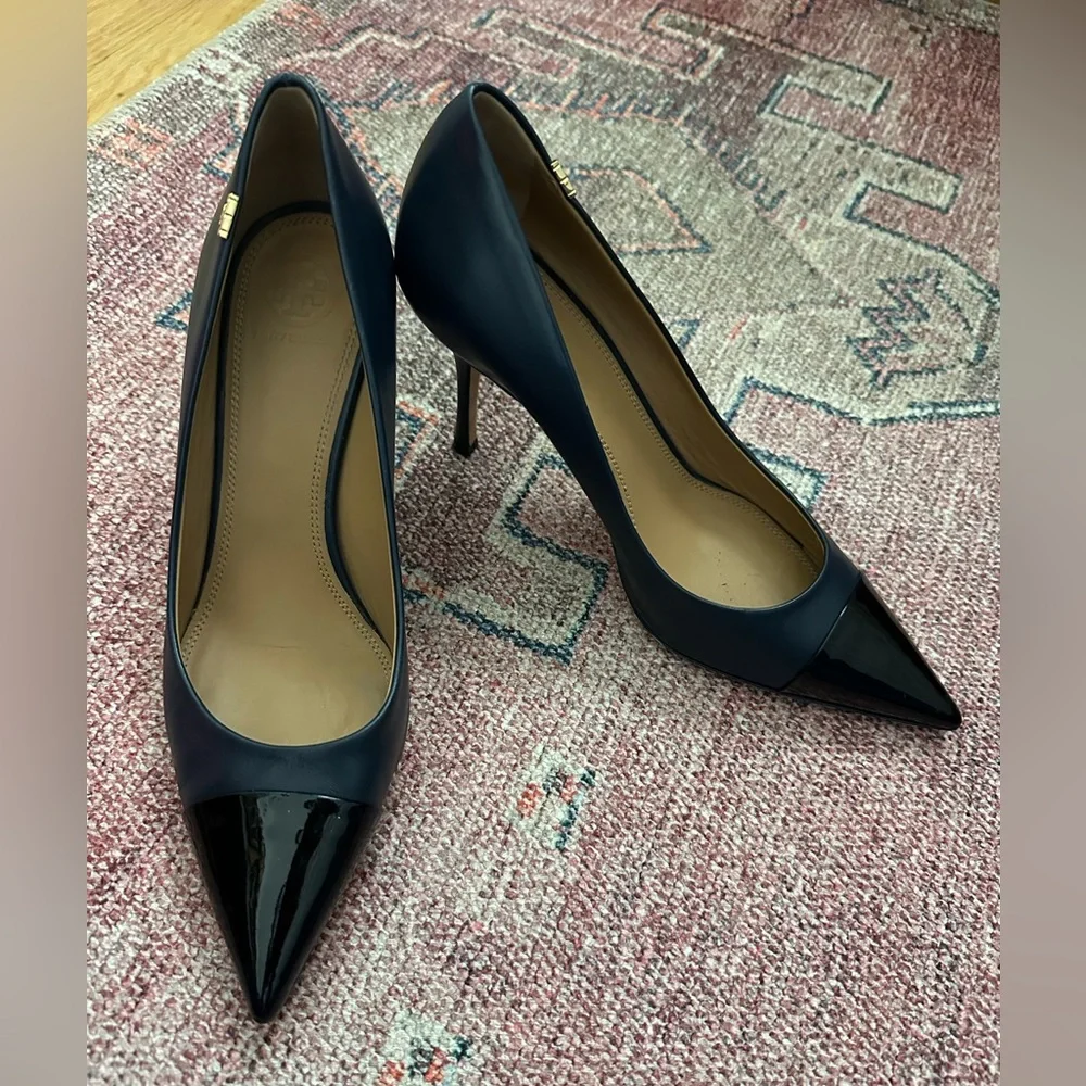 Tory Burch Penelope navy cap-toe pumps with a 3.35-inch stiletto heel - Picture 1 of 6